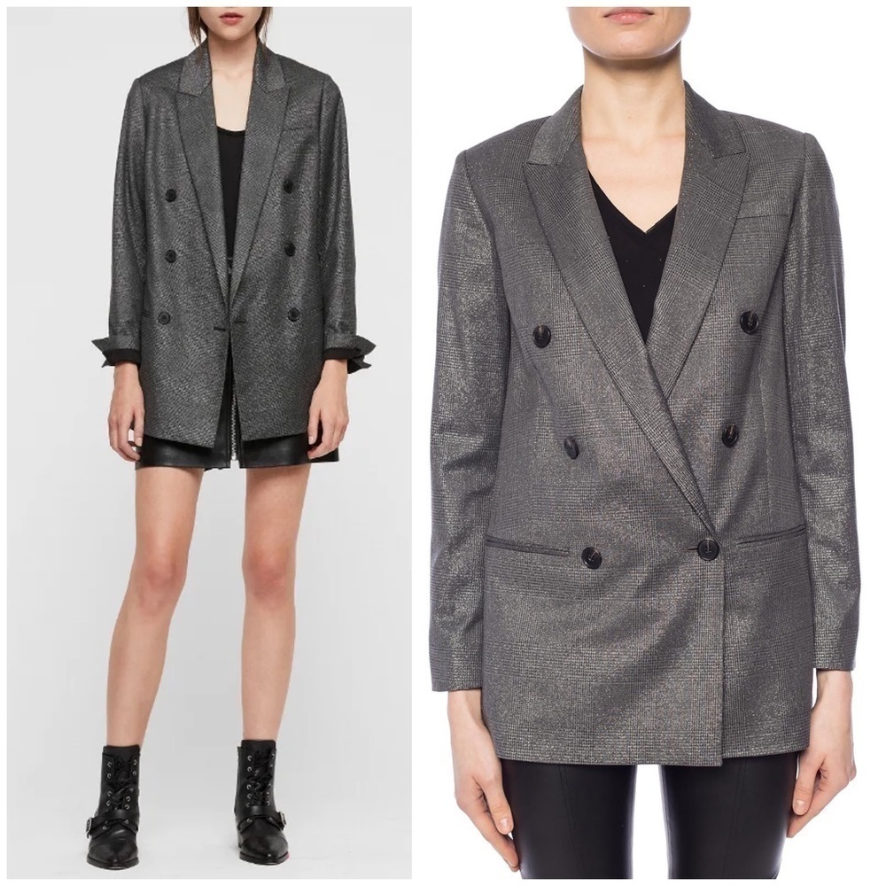 All Saints Isla Shimmer Check Blazer Plaid Black Silver Sparkle Party Sz 4